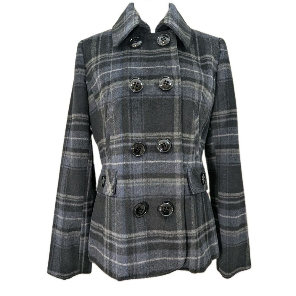 Maralyn & Me Gray and Black Wool Blend Plaid Peacoat Women's Size Medium - Picture 1 of 9